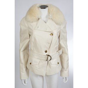 Cache Fox Fur White Leather Mini Belted Jacket 4